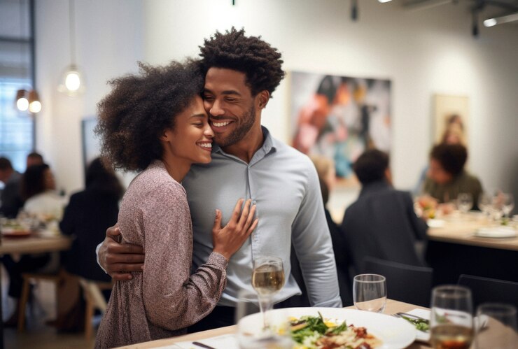 lovely black couple hugging on a date