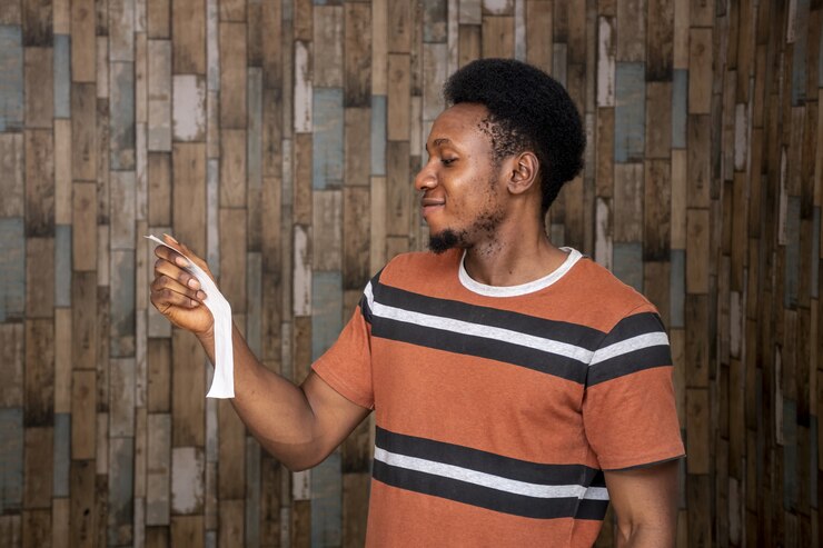 a young man reading a note