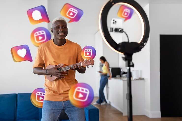 Picture showing a young social media influencer recording