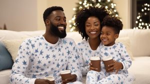 picture showing a family wearing matching PJs