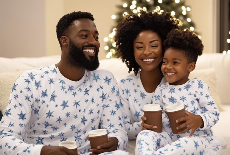 picture showing a family wearing matching PJs